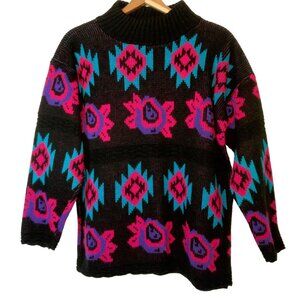 Croquet Club Sweater Large Black Colorful Geometric Mock Neck Vintage Retro USA